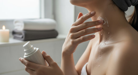 Close-up of feminine hands gently massaging cream into neck and dの素材