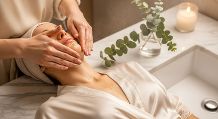 Elegant hands applying nourishing oil in a lavish spa-inspired setting with marble and natural accentsの素材