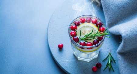 Chilly morning detox drink with lemon, cranberries, and rosemary on a stone table. Winter wellness, soft light, cozy atmosphereの素材