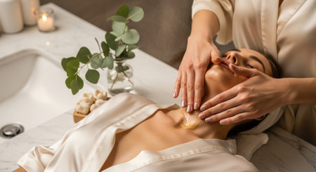 Elegant hands applying nourishing oil in a lavish spa-inspired setting with marble and natural accentsの素材