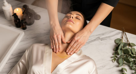 Elegant hands applying nourishing oil in a lavish spa-inspired setting with marble and natural accentsの素材
