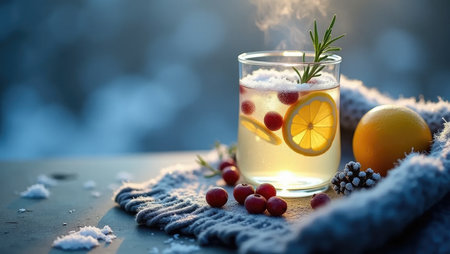 Chilly morning detox drink with lemon, cranberries, and rosemary on a stone table. Winter wellness, soft light, cozy atmosphereの素材