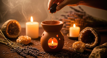 Hand adding lavender oil to a diffuser bathed in golden light, surrounded by dried botanicals. Relaxing evening ritualの素材