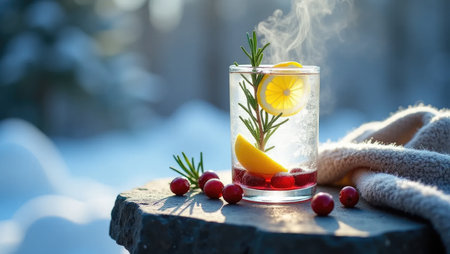 Chilly morning detox drink with lemon, cranberries, and rosemary on a stone table. Winter wellness, soft light, cozy atmosphereの素材