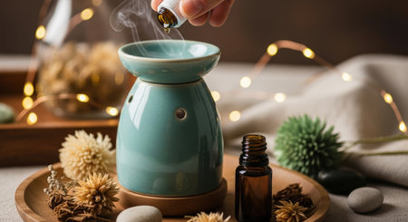 Close-up of a hand dripping aromatic oil into a diffuser among dried flowers and stones. Cozy boho vibe with warm lighting, perfect for wellness themesの素材