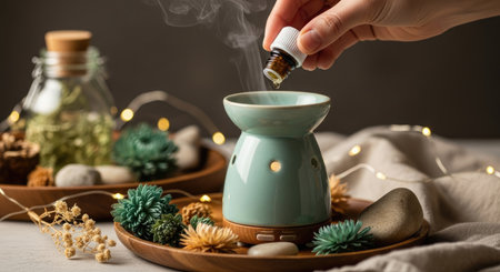 Close-up of a hand dripping aromatic oil into a diffuser among dried flowers and stones. Cozy boho vibe with warm lighting, perfect for wellness themesの素材
