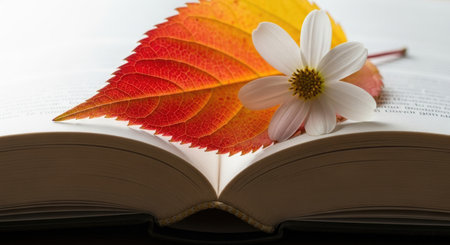 Macro shot of a seasonal leaf on an open book. Textured paper, soft focus, natural symbolism.の素材