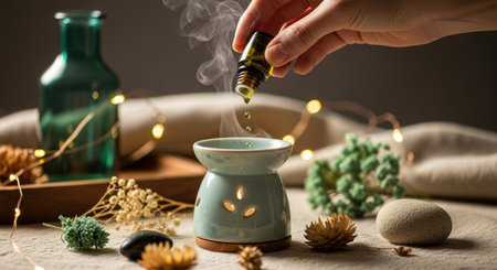 Close-up of a hand dripping aromatic oil into a diffuser among dried flowers and stones. Cozy boho vibe with warm lighting, perfect for wellness themesの素材