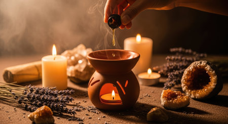 Hand adding lavender oil to a diffuser bathed in golden light, surrounded by dried botanicals. Relaxing evening ritualの素材