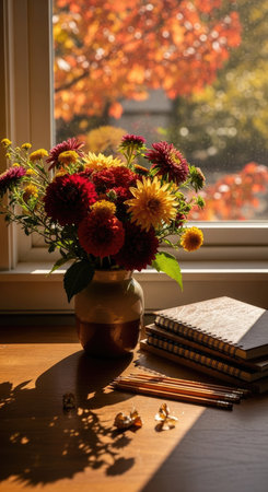 Back to School Still Life with Flowers and Stationeryの素材