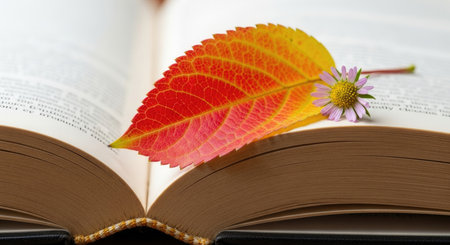 Symbolic School Start - Autumn Leaf on Textbookの素材