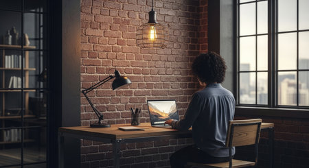 Person working in industrial loft office, back viewの素材