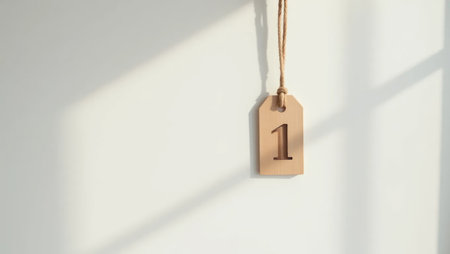 A tiny wooden number tag hangs on a rustic rope against a white background. Simple, elegant, and perfect for modern education or lifestyle themes.の素材