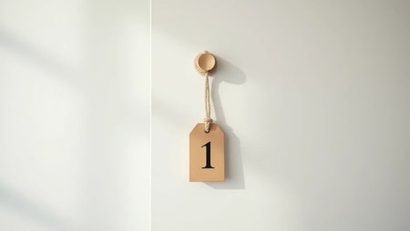 A tiny wooden number tag hangs on a rustic rope against a white background. Simple, elegant, and perfect for modern education or lifestyle themes.の素材