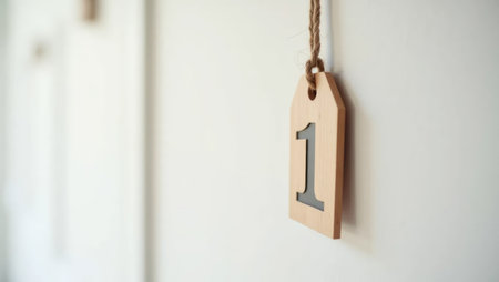 A tiny wooden number tag hangs on a rustic rope against a white background. Simple, elegant, and perfect for modern education or lifestyle themes.の素材
