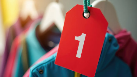 Vibrant red plastic number tag on a white hanger, symbolizing a child's first school day. Playful, colorful jackets in the background add energy. Great for educational and parenting content.の素材