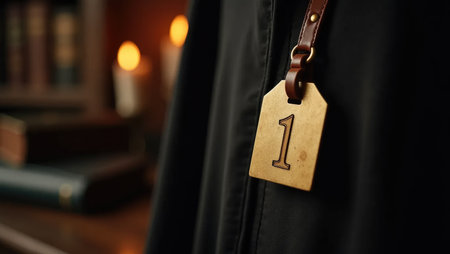 An engraved brass number tag hangs on a leather strap, evoking old-school academia. Perfect for university, graduation, or historical education themes.の素材