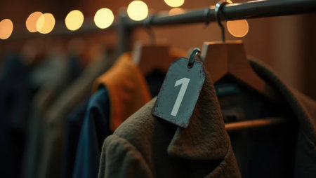 Close-up of an old-fashioned metal number tag hanging on a wooden hanger, symbolizing the start of school. Softly blurred coats in the background add depth. Perfect for education, nostalgia, and seasonal themes.の素材