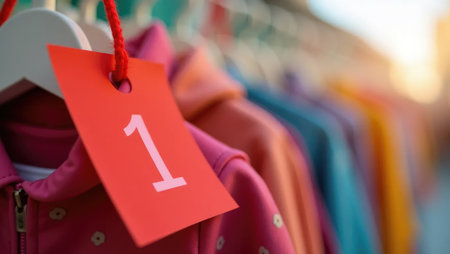 Vibrant red plastic number tag on a white hanger, symbolizing a child's first school day. Playful, colorful jackets in the background add energy. Great for educational and parenting content.の素材