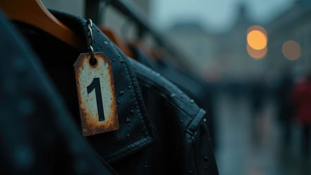 A weathered metal number tag hangs on a rusty hanger, raindrops adding a melancholic feel. Perfect for stories about school memories.の素材
