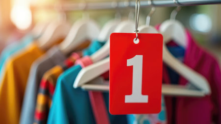 Vibrant red plastic number tag on a white hanger, symbolizing a child's first school day. Playful, colorful jackets in the background add energy. Great for educational and parenting content.の素材