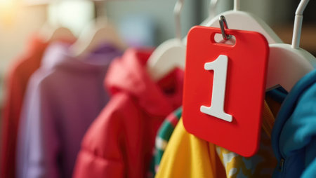 Vibrant red plastic number tag on a white hanger, symbolizing a child's first school day. Playful, colorful jackets in the background add energy. Great for educational and parenting content.の素材