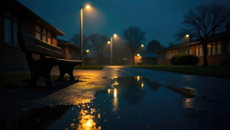 A hauntingly beautiful night scene: rain-soaked schoolyard illuminated by streetlamps, empty bench askew. Perfect for thriller, drama, or poetic isolation themes.の素材