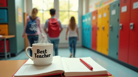 A personalized coffee mug sits on a teacher's desk as blurred students rush by. Ideal for education, yearbook, or back-to-school marketingの素材