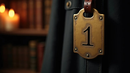 An engraved brass number tag hangs on a leather strap, evoking old-school academia. Perfect for university, graduation, or historical education themes.の素材