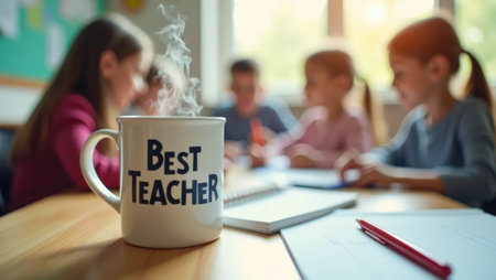 A personalized coffee mug sits on a teacher's desk as blurred students rush by. Ideal for education, yearbook, or back-to-school marketingの素材