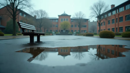 A quiet schoolyard after rainfall: puddles mirror a flagpole while a tipped-over bench hints at recent chaos. Perfect for melancholic, educational.の素材