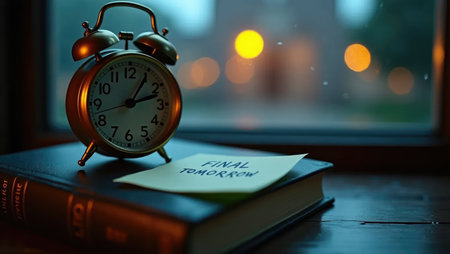 An old brass alarm clock ticks beside a daunting calculus book and an energy drink - student stress at its peak. Great for college, exams, or dark academia aestheticsの素材