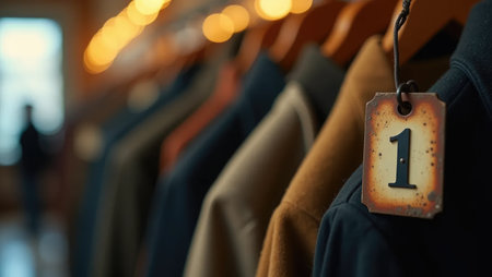 Close-up of an old-fashioned metal number tag hanging on a wooden hanger, symbolizing the start of school. Softly blurred coats in the background add depth. Perfect for education, nostalgia, and seasonal themes.の素材