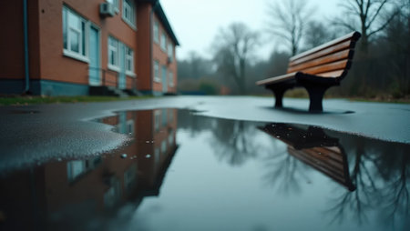 A quiet schoolyard after rainfall: puddles mirror a flagpole while a tipped-over bench hints at recent chaos. Perfect for melancholic, educational.の素材