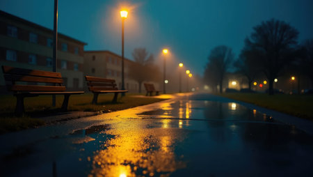 A hauntingly beautiful night scene: rain-soaked schoolyard illuminated by streetlamps, empty bench askew. Perfect for thriller, drama, or poetic isolation themes.の素材