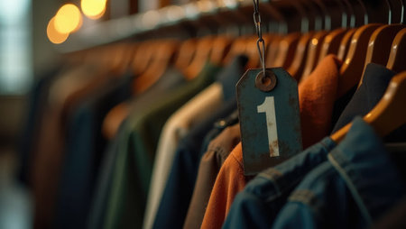 Close-up of an old-fashioned metal number tag hanging on a wooden hanger, symbolizing the start of school. Softly blurred coats in the background add depth. Perfect for education, nostalgia, and seasonal themes.の素材