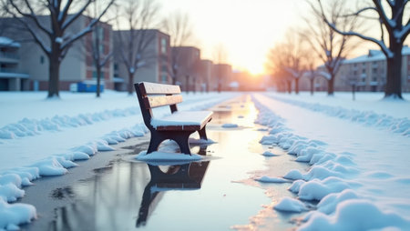 A frozen moment: ice captures blurred reflections while a snow-flecked bench sits abandoned. Ideal for winter solitude or educational hiatus themes.の素材