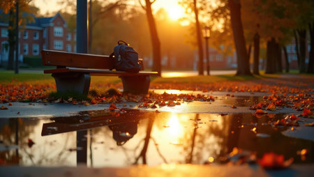 A post-rain autumn scene: golden light bathes wet leaves and a lone backpack strap near an overturned bench. Ideal for back school seasonal nostalgia.の素材