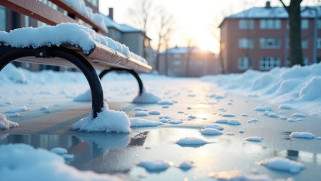 A frozen moment: ice captures blurred reflections while a snow-flecked bench sits abandoned. Ideal for winter solitude or educational hiatus themes.の素材