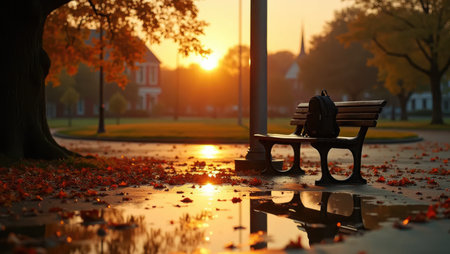 A post-rain autumn scene: golden light bathes wet leaves and a lone backpack strap near an overturned bench. Ideal for back school seasonal nostalgia.の素材