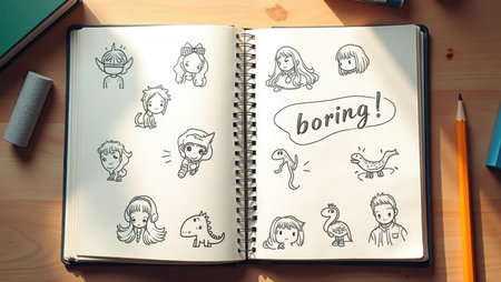 A notebook page covered in rebellious doodles - anime, dinosaurs, and BORING - next to a broken pencil. Perfect for teen creativity, education struggles, or artistic contentの素材