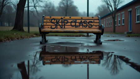 A rebellious vibe: puddles mirror vandalized flagpole while a spray-painted bench lies fallen. Edgy teen culture or anti-establishment themes.の素材