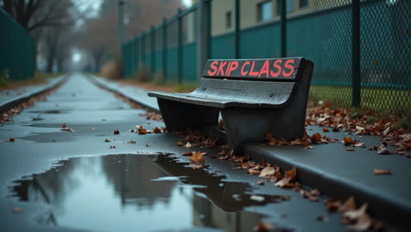 A rebellious vibe: puddles mirror vandalized flagpole while a spray-painted bench lies fallen. Edgy teen culture or anti-establishment themes.の素材