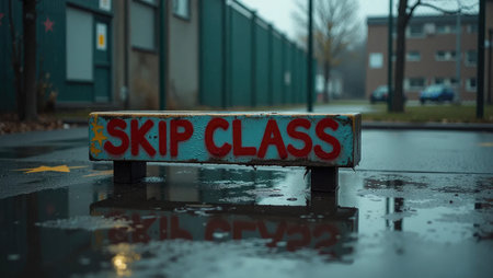 A rebellious vibe: puddles mirror vandalized flagpole while a spray-painted bench lies fallen. Edgy teen culture or anti-establishment themes.の素材