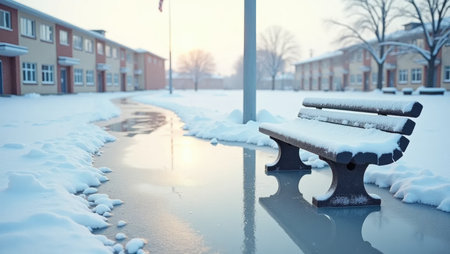 A frozen moment: ice captures blurred reflections while a snow-flecked bench sits abandoned. Ideal for winter solitude or educational hiatus themes.の素材