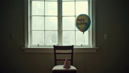 A single birthday balloon remains by a window after the party, with confetti and a discarded hat. The sunset outside adds a mood of quiet reflection and nostalgia.の素材