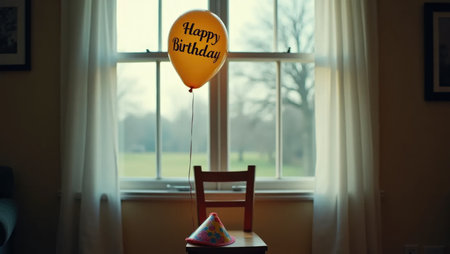 A single birthday balloon remains by a window after the party, with confetti and a discarded hat. The sunset outside adds a mood of quiet reflection and nostalgia.の素材