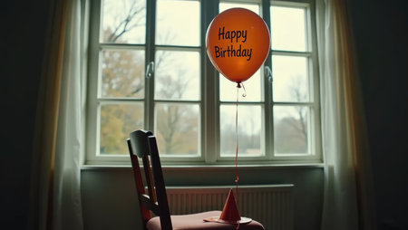 A single birthday balloon remains by a window after the party, with confetti and a discarded hat. The sunset outside adds a mood of quiet reflection and nostalgia.の素材
