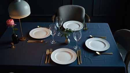 An elegant and minimalist dinner table set for guests. Navy tablecloth, gold cutlery, and soft lighting create a mood of sophisticated and intimate anticipation.の素材