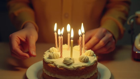 A wave of nostalgia! Hands blow out candles on a classic birthday cake in a warm, 70s-inspired setting with vintage decor and film texture.の素材
